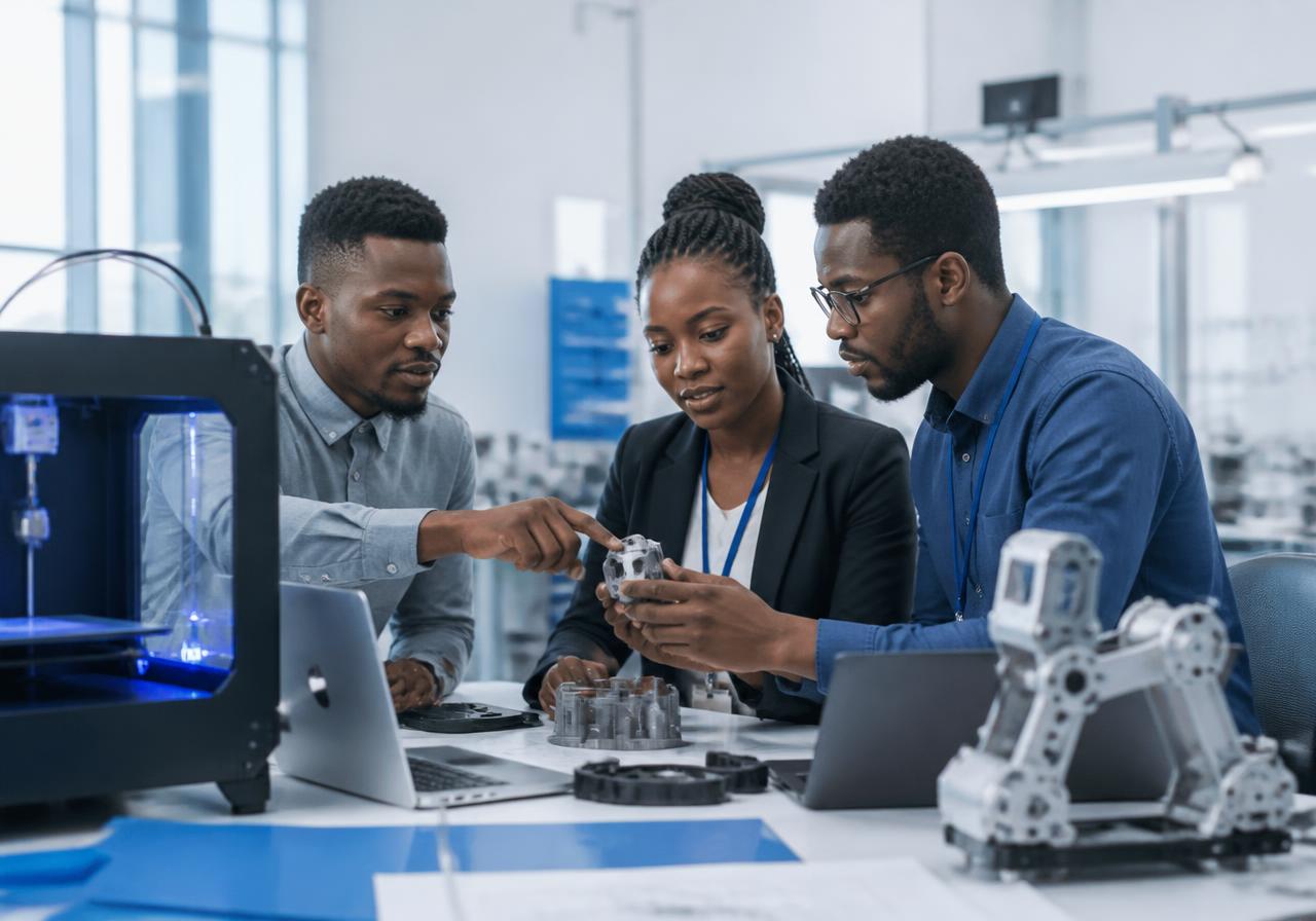 Invenker engineers reviewing a 3D-printed prototype in the workshop